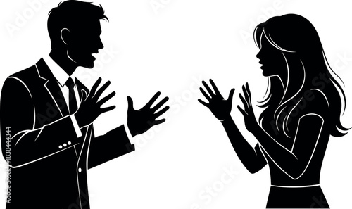 Silhouette of two people arguing face to face with expressive hand gestures in intense emotional confrontation and disagreement scene