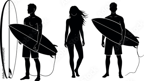 Silhouette of surfers with surfboards on beach, summer lifestyle, ocean sport, coastal adventure, tropical vacation, active outdoor recreation scene