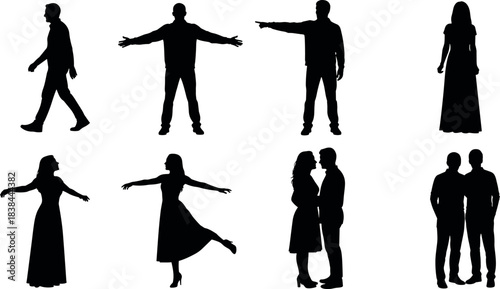 Silhouette people in various poses, gestures, and interactions for body language, design elements, art references, and stock illustration use.