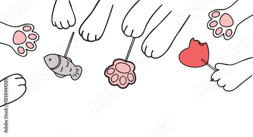 Cute minimalist illustration of cat paws holding lollipops shaped like a fish, a paw, and a heart on a white background.