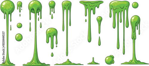 Green Slime Dripping Cartoon Vector Set; Collection of Sticky Goo Drips and Stains; Bright Liquid Paint Flowing Down Different Shapes, Isolated Graphic Asset for Game Design.