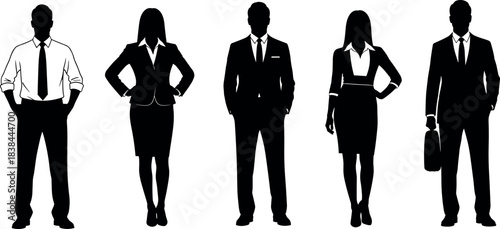 Silhouettes of diverse business professionals in formal attire showcasing corporate fashion, gender balance, and confident workplace posture for stock use.