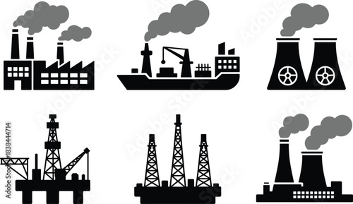 Industrial pollution icons showing factories, oil rigs, power plants and ships emitting smoke, environmental impact illustration set for energy industry and global environmental awareness