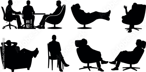 Silhouettes of People Sitting in Various Relaxed and Conversational Poses for Office, Therapy, Lounge, Interview, and Lifestyle Concepts