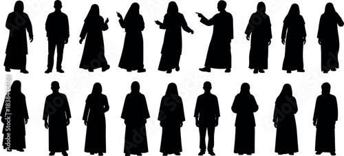 Silhouettes of Diverse People in Traditional Cultural Attire Posing in Various Gestures for Ethnographic, Fashion, and Educational Design Use