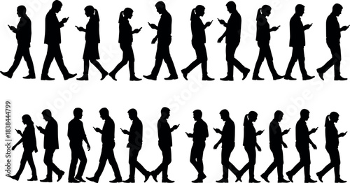 Silhouettes of people walking while using smartphones, digital addiction concept, modern lifestyle, technology dependence, urban behavior, mobile device obsession
