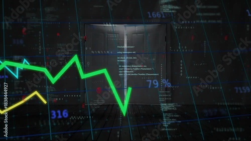 Data popping graphs entering left green line rising crossing doorway revealing sky showing trends