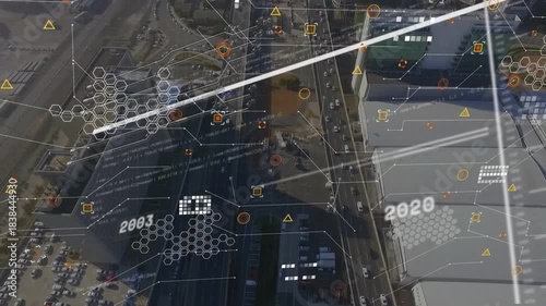Central roadway corridor being scanned by diagonal line, HUD animating years to show development