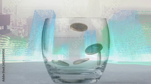 Initial coin dropping from rim, coins falling into clear glass tumbler, stacking to show savings