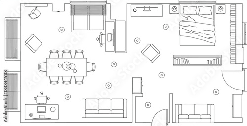 Modern apartment floor plan, detailed interior layout drawing, top-view home design blueprint, furniture arrangement schematic, architectural room planning 