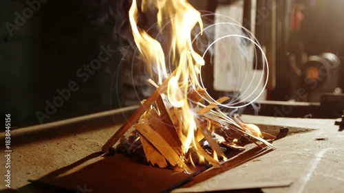 Hand nudging kindling, small flame growing into taller flames, overlays shifting, starting fire