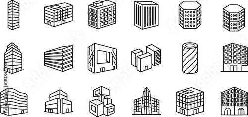 Modern building icons set, urban architecture line art, minimalist city construction symbols, contemporary real estate illustration pack, office tower outline graphics collection