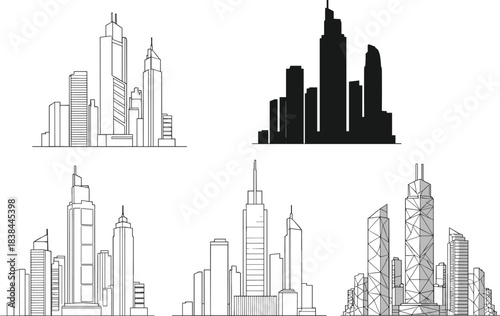 Modern city skyline illustration set featuring architectural line art, skyscraper silhouettes, urban building designs, geometric towers, and contemporary metropolitan skyline 
