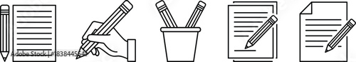 Writing and Note Taking Icons Set; Pencil and Paper, Hand Holding Pencil, Pencils in a Cup, Editing Document, Line Drawing Vector Graphics for Education and Business.