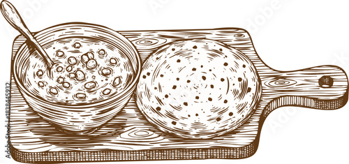 An engraving art style illustration hand drawn sketch of traditional indian dish chole bhature served on a wooden cutting board