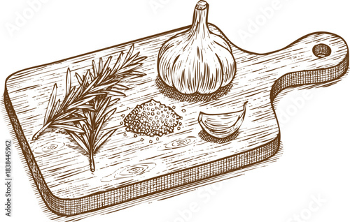 An engraving art style illustration hand drawn sketch of garlic bulb, clove, rosemary sprigs, and ground spice on a small wooden cutting board