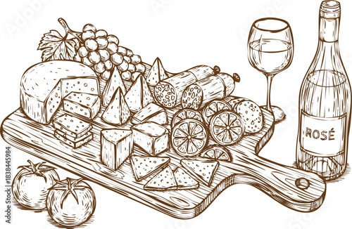 An engraving art style illustration hand drawn sketch of a charcuterie board with cheese, grapes, sausages, and a bottle and glass of ros wine