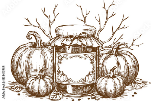 An engraving art style illustration handdrawn sketch of a jar of pumpkin jam surrounded by pumpkins and branches
