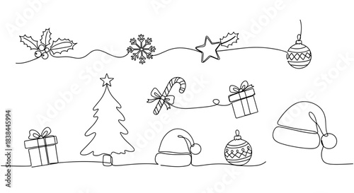 Christmas decor elements including tree, gifts, and ornaments in line art  