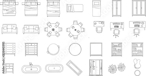 Top-view furniture illustration set featuring bedroom, living room, dining, office, and bathroom elements, perfect for interior design plans, architectural layouts, and home planning visuals