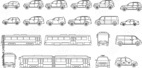 Vehicle, lineart, transportation, car, bus, van, taxi, SUV, sedan, tram, outline, illustration, automotive, collection, city, transport, public, transit, drawings, 