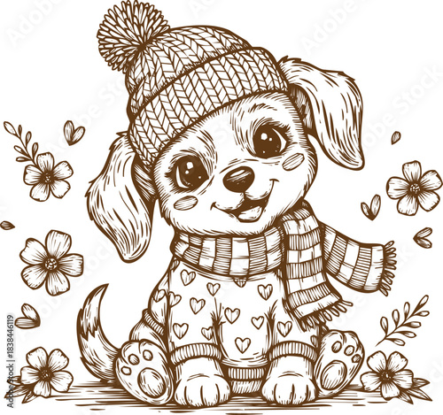An engraving art style illustration cute puppy wearing a knitted winter hat and scarf, sitting among small flowers, coloring page style, white