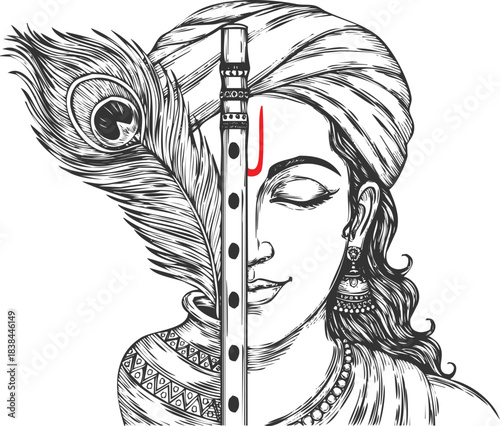 An engraving art style illustration lord krishna sketch portrait with flute and peacock feather, hindu deity illustration, spiritual and religious symbol, white