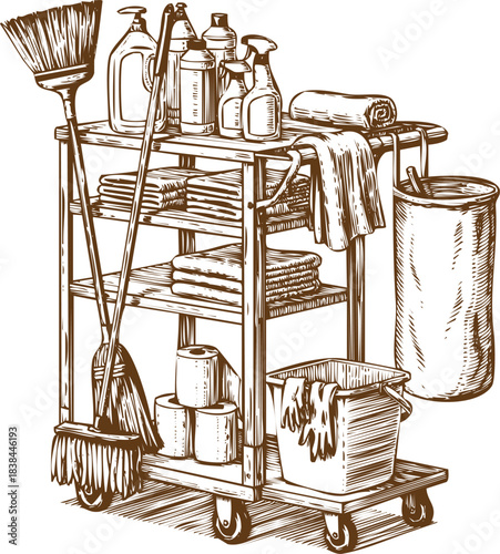 An engraving art style illustration vintage hand drawn illustration of a housekeeping or janitorial cleaning cart with supplies