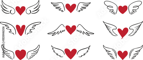 Red heart and angel wing vector icons perfect for romantic, dreamy, and symbolic designs. This collection offers elegant winged heart illustrations for cards, posters, and weddings. Ideal for love the