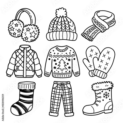 Knitted Winter Clothing Doodle Set. Detailed hand drawn fashion vector bundle with wool texture and patterns. Ugly sweater, plaid pants, and quilted jacket illustration.