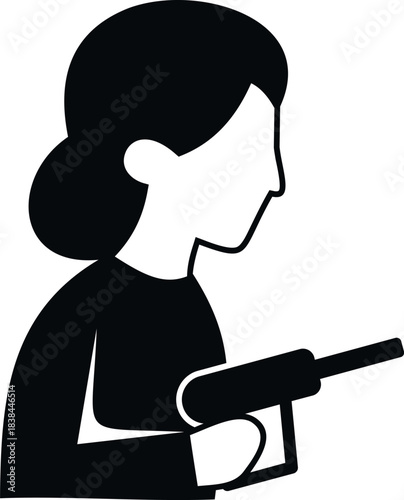 Woman holding a gun, looking forward in a simplified black and white silhouette vector