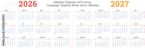 2026 2027 calendar template, clean two year annual planner vector with Monday week start in English