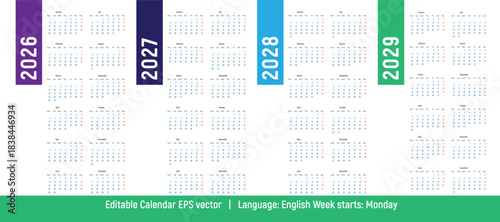 2026–2029 calendar set, four year annual planner vector template with Monday week start in English