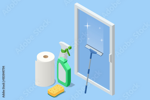 Isometric illustration of window cleaning tools including spray bottle, paper roll, sponge and squeegee next to a shiny glass window. Cleanliness, hygiene and home care concept.