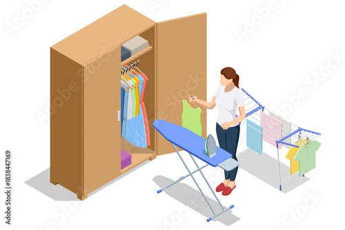 Isometric scene of a woman ironing clothes beside an open wardrobe and drying rack. Home interior with organized garments, ironing board and household textile care.
