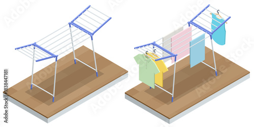 Isometric illustration of a folding drying rack shown empty and with clothes hanging. Household laundry equipment displayed on wooden floor for home washing and drying concepts.
