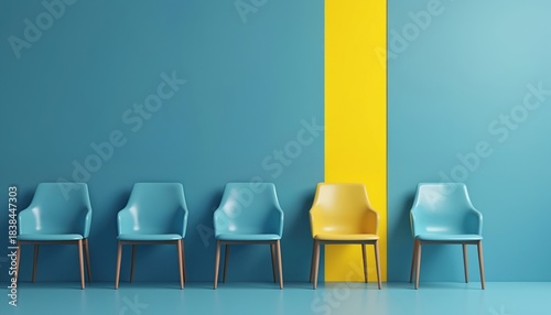 Yellow chair stands out from blue seats in row. Business concept of hiring, recruitment, leadership. Unique candidate for job interview. Best employee chosen for vacant position. Finding different