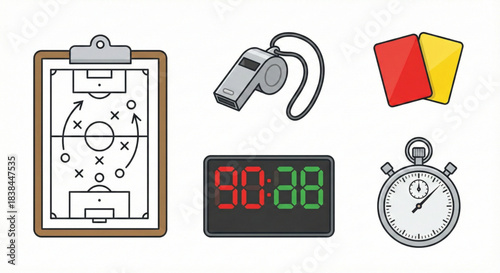 Sports officiating and coaching game management tools vector icons, including tactical board, whistle, cards, and timers