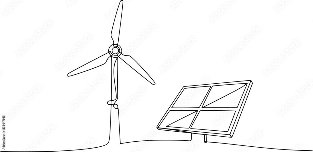 Fototapeta premium Continuous one line drawing of wind turbine and Solar panel vector illustration. Editable outline 