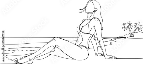 Continuous one line drawing of Sexy woman sitting on the beach vector illustration. Editable outline
