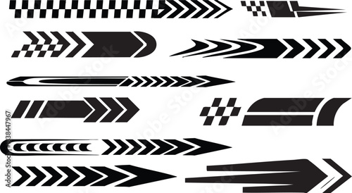 racing stripe vector set, race car vector, checkered flag designs, racing stripe speed, decal patterns, dynamic lines, competition, automotive graphics, black and white finish line motorsport.