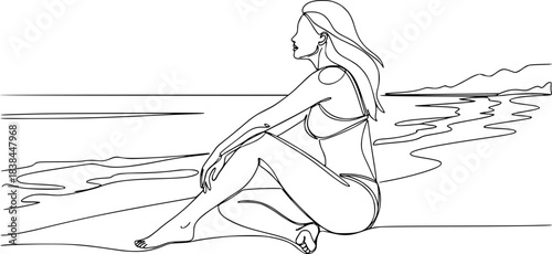 Continuous one line drawing of Sexy woman sitting on the beach vector illustration. Editable outline
