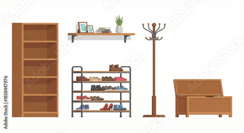 Assortment of modern wooden furniture for home organization and efficient storage solutions, perfect for entryways