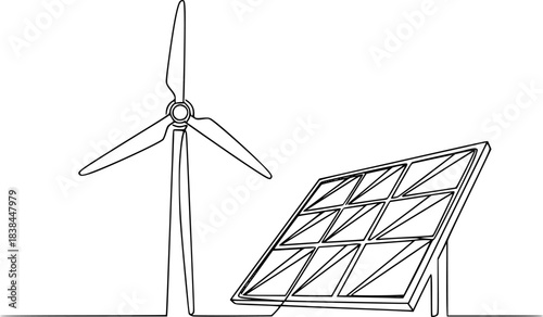 Continuous one line drawing of wind turbine and Solar panel vector illustration. Editable outline
