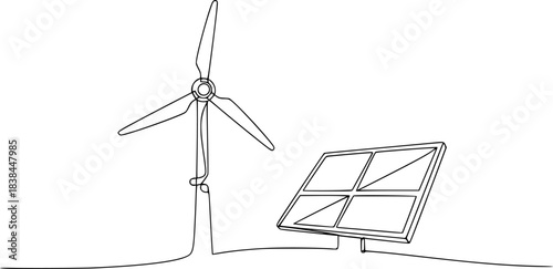 Continuous one line drawing of wind turbine and Solar panel vector illustration. Editable outline
