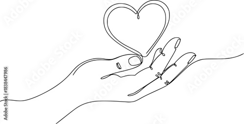Continuous one line drawing of Hand holding a heart vector illustration. Editable outline
