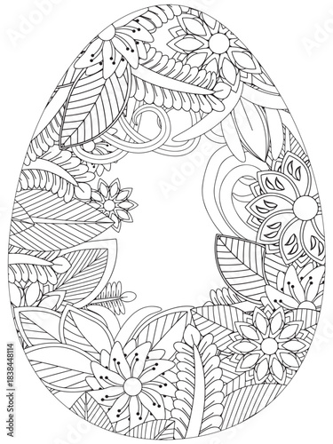Simple Easter egg illustration decorated with a delicate and clean outline pattern of daisy flowers perfect for coloring pages
