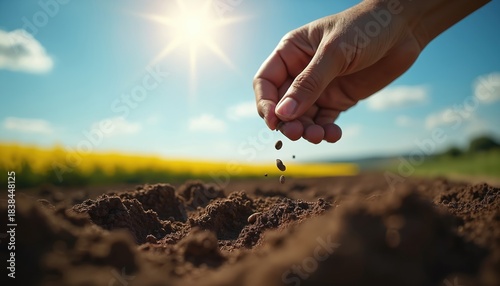 Farmer hand sows seeds in fertile soil under sunny sky. Sower plants hope, faith in fresh ground. Biblical parable of sowing word of god for growth new beginning, spreading gospel to reap harvest.