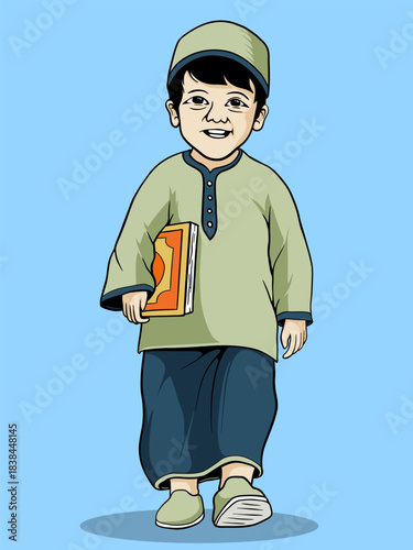 Happy Muslim Boy Holding a Holy Book