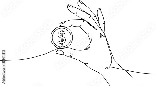 Hand holds coin continuous one line drawing art savings and investment money concept, One continuous line drawing of a hand holding a coin financial business single line vector illustration